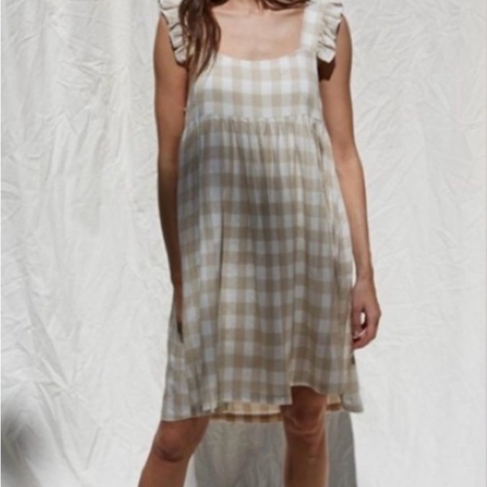 Beige Gingham Ruffle Sleeve Dress